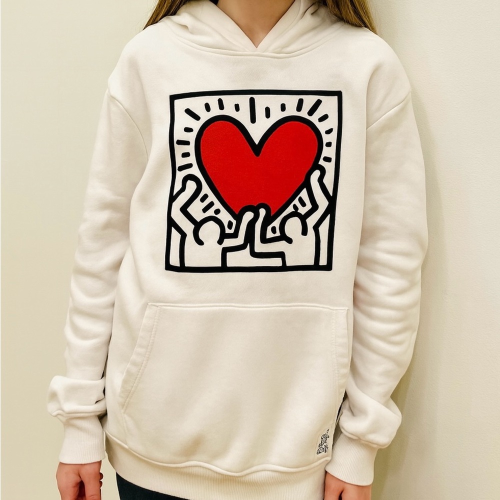 Keith Haring Kids White Hoodie with Red Heart Design (Youth 14-16)